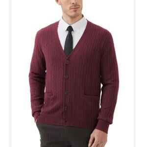 Kallspin Wool Blend Cable Knit Cardigan Sweater XL V-Neck Maroon Grandpa Preppy